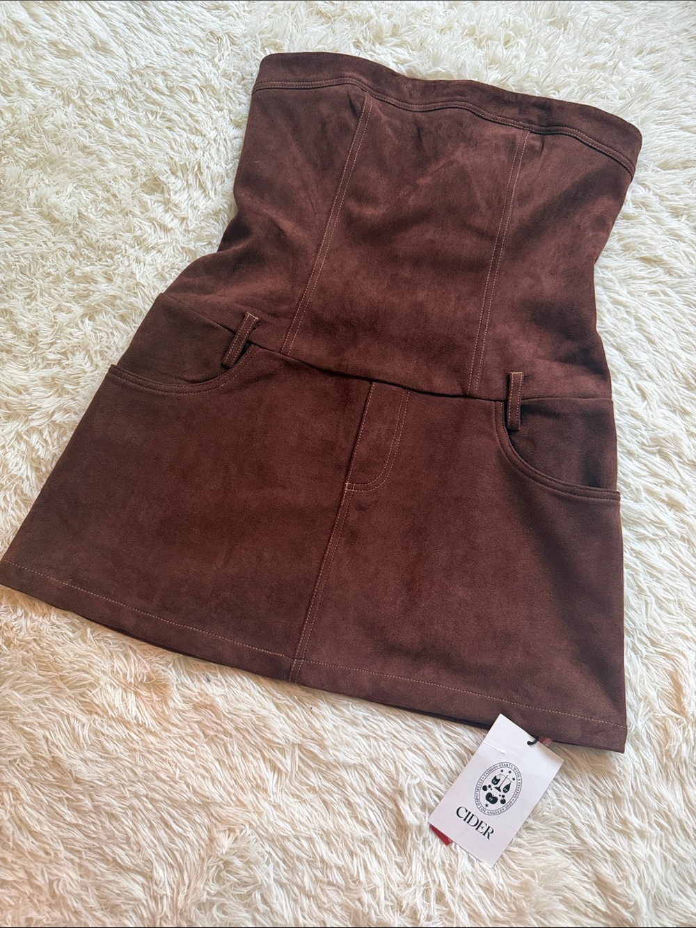 Cider Chocolate Brown Strapless Suede-Look Mini Dress